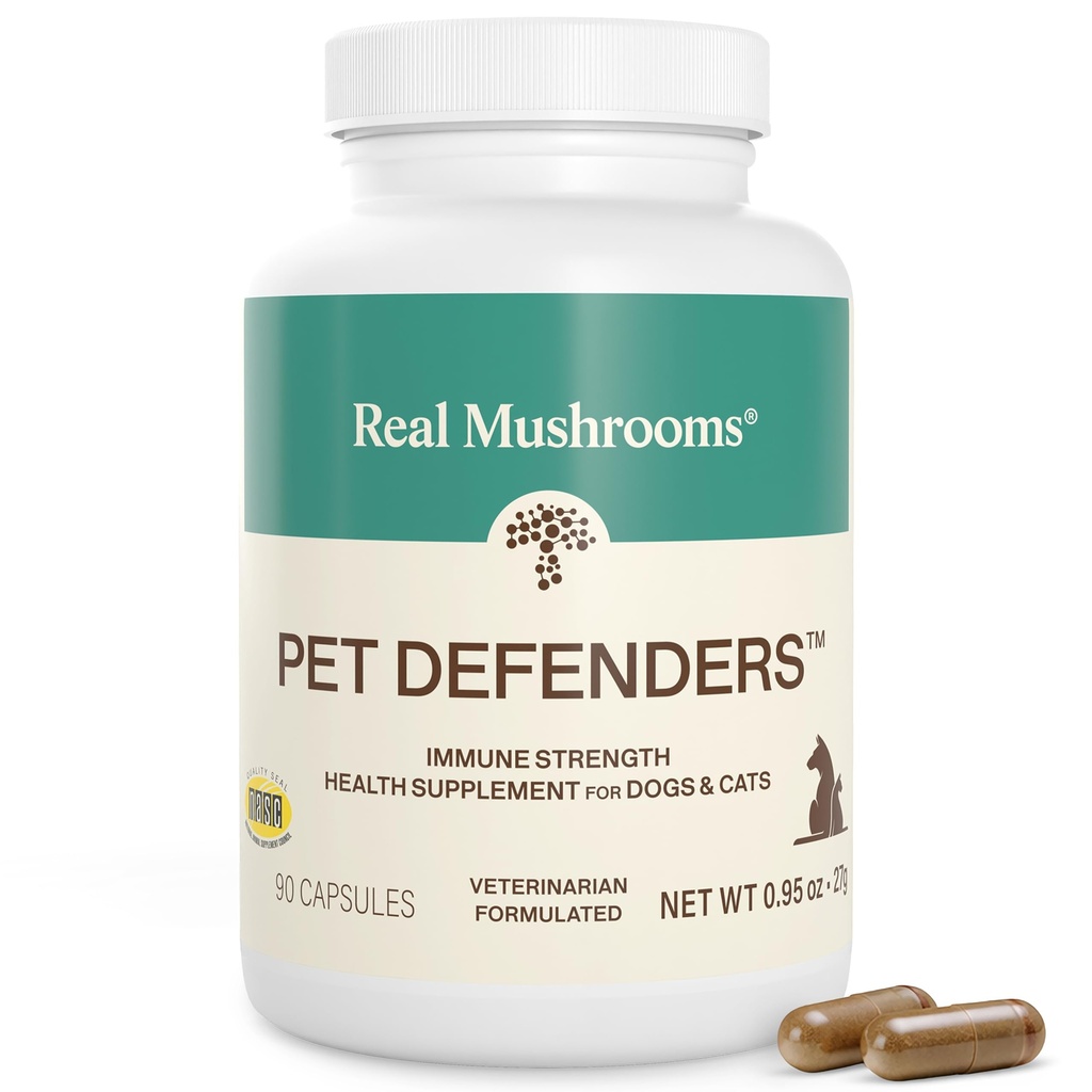 Real Mushrooms Pet Defenders - Dog Immune Support with Reishi, Turkey Tail, Shiitake, Maitake Organic Mushroom Extracts, Chaga - Daily Digestion and Immune Support for Dogs and Cats, 90ct