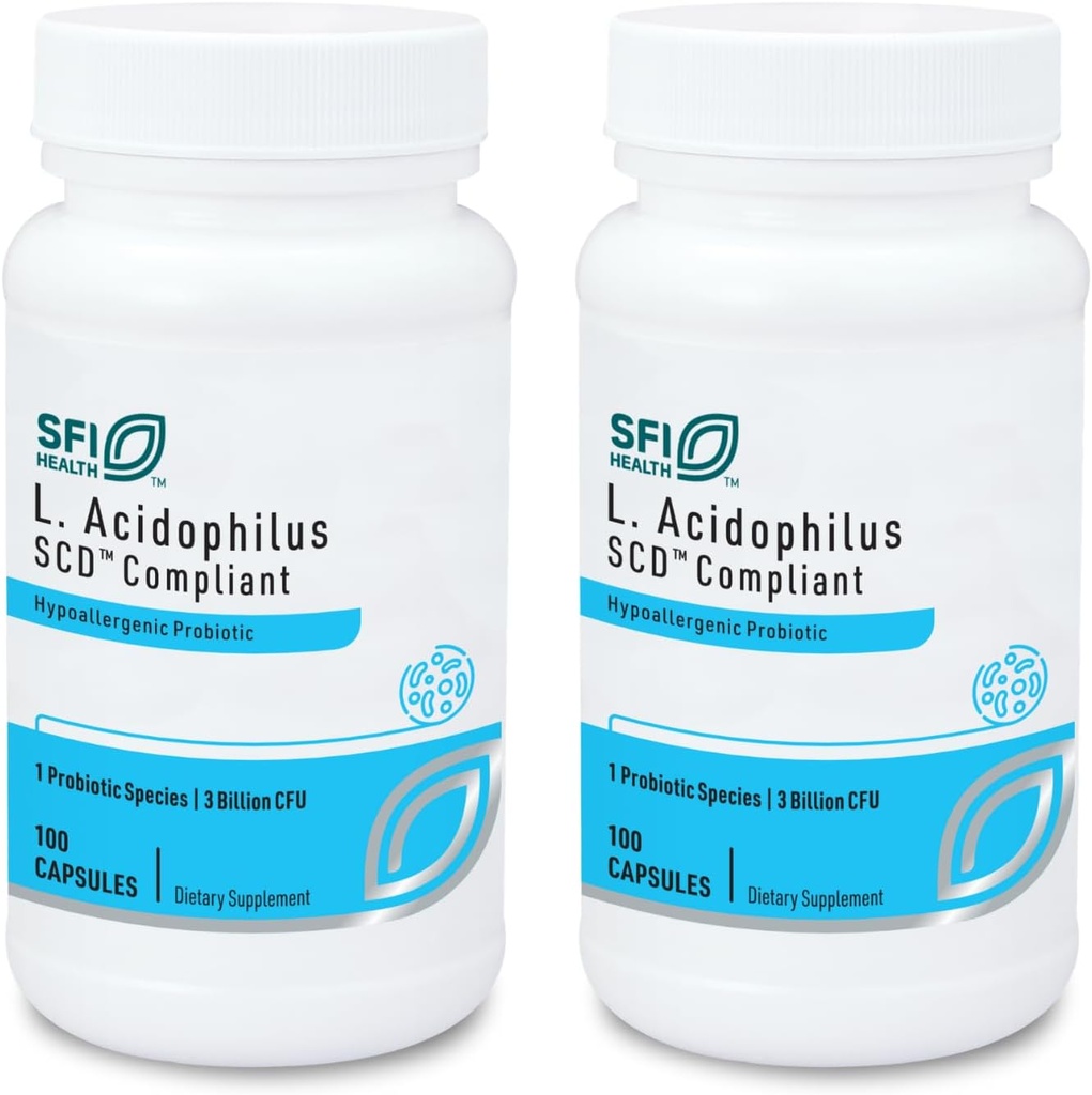 Klaire Labs SFI Health L. Acidophilus - 3 Billion CFU Lactobacillus Probiotic, Pure SCD Compliant Formula for Men & Women, Hypoallergenic & Non-Dairy (100 Capsules, 2 Pack)