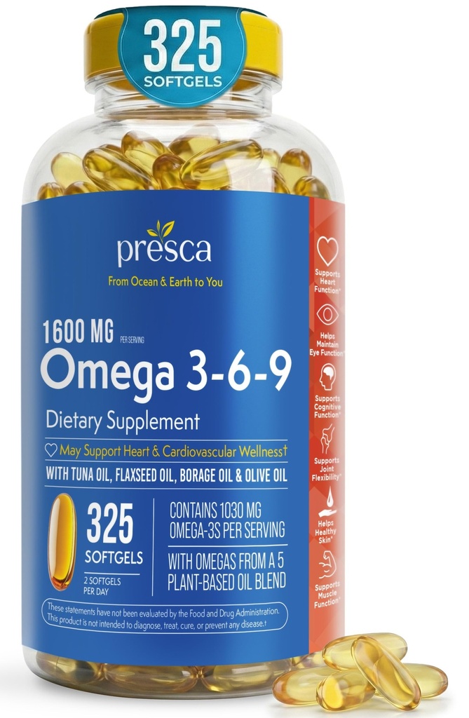 Ωμέγα 3-6-9 Συμπλήρωμα διατροφής (325 ct.) - Προώθηση της Οπτικής λειτουργίας και της υγείας των ματιών - Υποστήριξη Καρδιά, Καρδιαγγειακή υγεία, Υγιεινό δέρμα, μαλλιά και γενική υγεία (Ωμέγα 3-6-9)