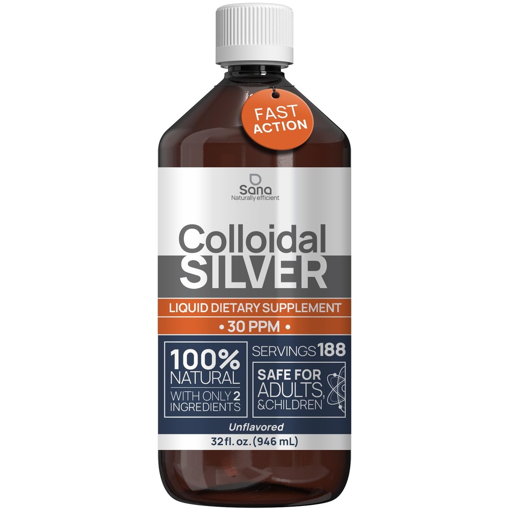 Colloidal Silver Liquid 32 fl oz 30 PPM - Bioactive Hydrosol Silver Water - Natural Immune Support Nano Sol Supplement Solution - Ionic Minerals - Organic Structured Silver