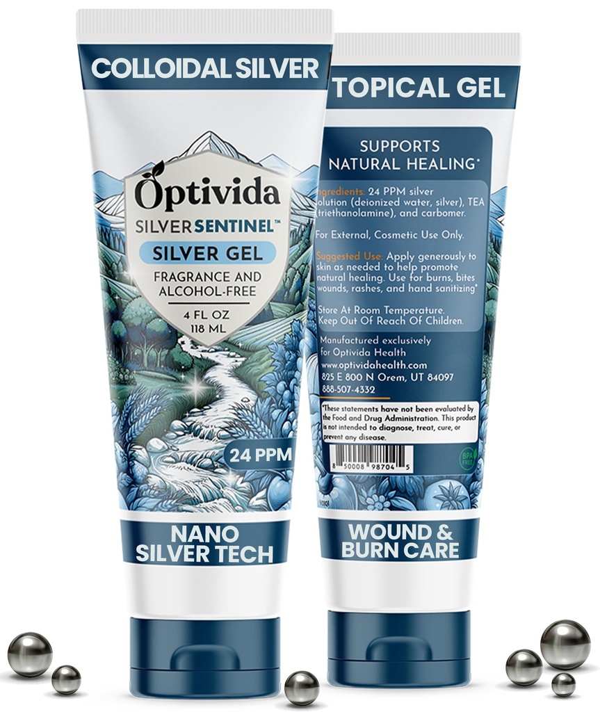 Optivida Colloidal Silver Gel For Wound Care, Natural Topical Skin Healing | Nano-Silver Topical Gel For Wounds, Burns, Rashes, Skin Irritations, Unscented (4 Oz.)