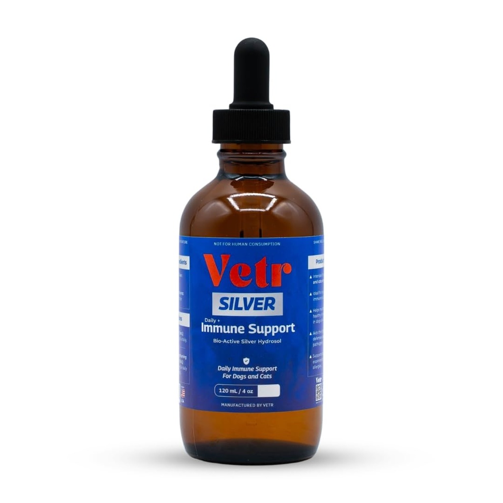 Vetr Silver Immune Support for Dogs and Cats, 4oz/120mL Liquid in Amber Bottle with Oral Dropper, Professional Grade Colloidal Silver Supplement for Daily Wellness and Seasonal Defense