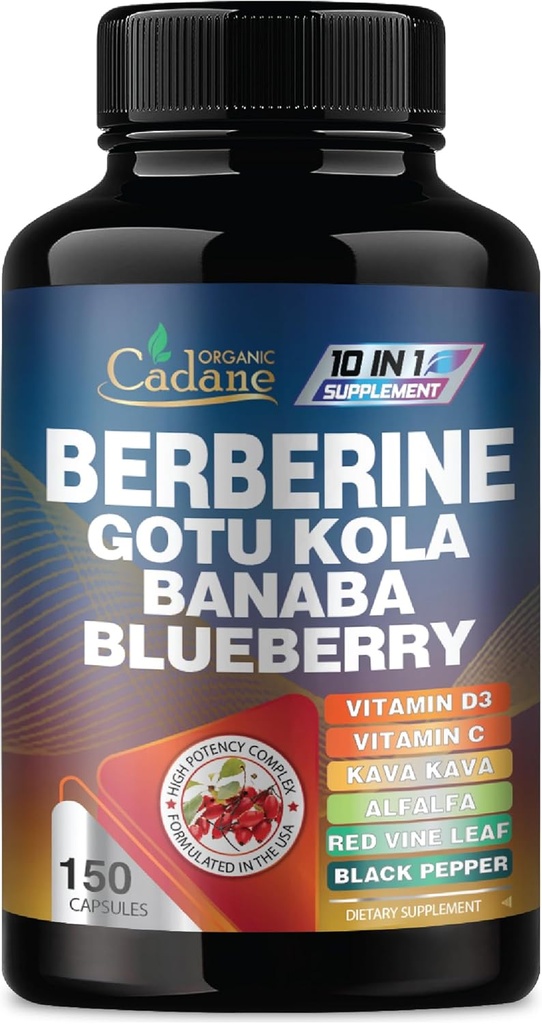 Cadane Premium Berberine Extract - συμπλήρωμα βερβερίνης 10in1 με Gotu Kola, Banaba Leaf & More - 150 κάψουλες για την υποστήριξη συστήματος ανοσίας & πέψης