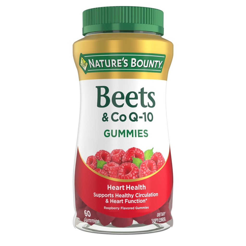 Nature’s Bounty Beets & Co Q-10 Gummies for Heart Health, Coenzyme Q10, Beet Root Extract, Supports Healthy Circulation and Heart Function, Cellular Energy Production, Raspberry Flavor, 60 Gummies