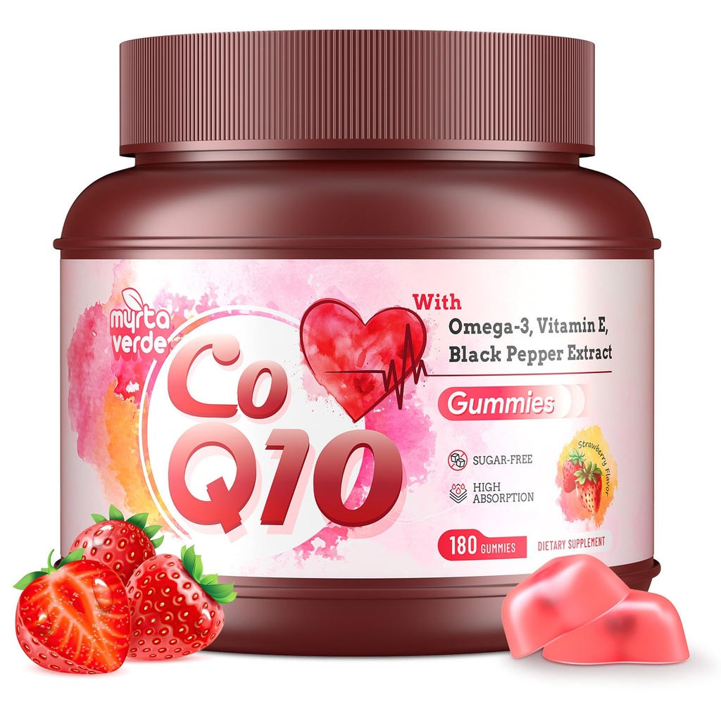 (180 Count) CoQ10 Gummies 300mg Sugar-Free | High Absorption Coenzyme Q10 Supplements with Omega-3, Vitamin E & Black Pepper | Heart, Fertility & Energy | 6 Month Supply, Strawberry Flavor