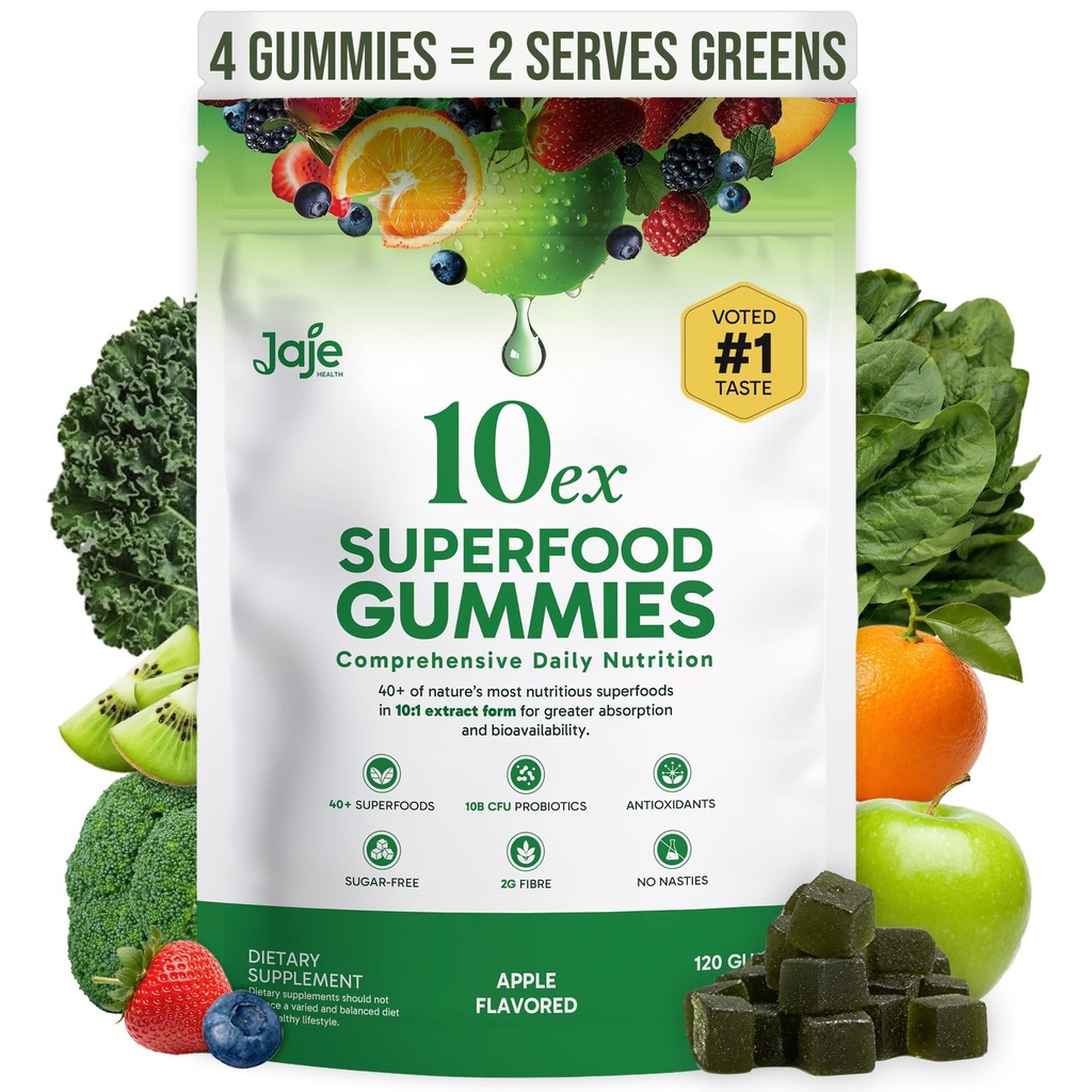 10ex Supergreens Gummies w/Probiotics. 40 Superfoods & Super Greens. 10x More Nutrients. Multivitamins & Antioxidants from Whole Foods. Healthy Snacks for Adults. Keto, Low Carb, Low Calorie Snacks.
