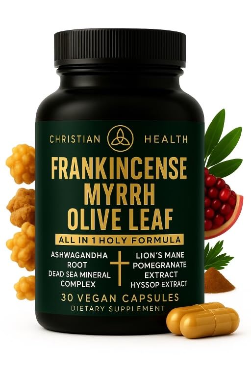 Christian Health Frankincense Myrrh Olive Leaf Capsules – Ashwagandha, Lion’s Mane, Pomegranate, Hyssop & Dead Sea Minerals – Vegan, Non-GMO, GMP Certified Faith-Based Herbal Supplement – 30 Ct