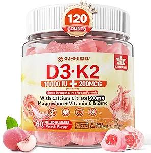 Βιταμίνη D3 K2 Γεμισμένη Gummies 5000IU / 10.000 IU με 500mg Ασβέστιο + K2 (MK-7) 200mcg, Μαγνήσιο, Βιταμίνη C & Ψευδάργυρος, Επιπλέον Δύναμη - Αποτελεσματικότητα για τα οστά Δόντια μυών, Vegan -- Συσκευασία των 2