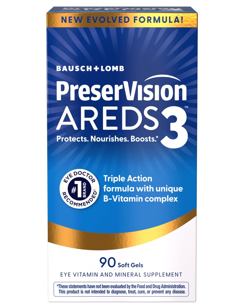 PreserVision AREDS3 Eye Vitamins, #1 Eye Doctor Recommended Brand, AREDS2 Formula with Additional 8 B-Vitamin Complex, for Healthy Cellular Eye Function, 3-in-1 Supplement, 90 Softgels