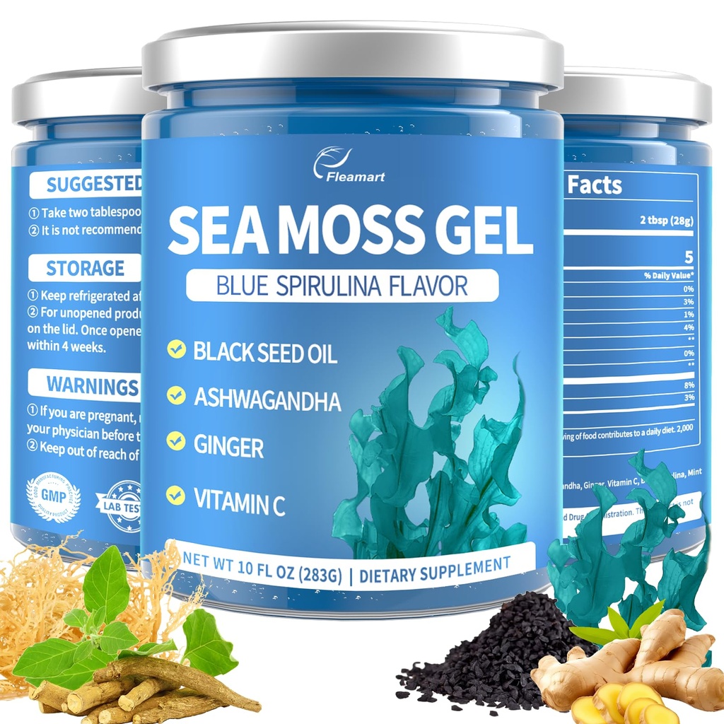 Sea Moss Gel Blue Spirulina Irish Seamoss Gel wtith Black Seed Oil, Ashwagandha, Ginger and Vitamin C, Vegan Superfood Vitamins Mineral Support, Made in USA, Gluten Free, Non-GMO