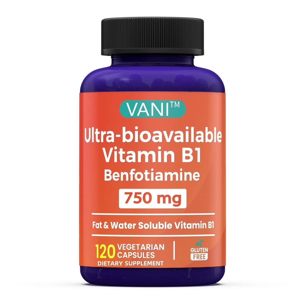 VANI 750MG Μπενφοτιαμίνη με B1, 5X Χρόνος Λίπος & Διαλυτό νερό Συμπλήρωμα θειαμίνης B1 – Δοκιμασμένο τρίτο μέρος, Χωρίς Γλουτένη (120 κάψουλες)