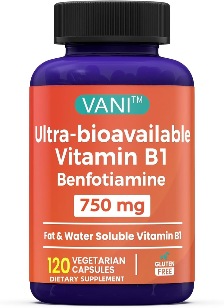 VANI 750MG Μπενφοτιαμίνη με B1, 5X Χρόνος Λίπος & Διαλυτό νερό Συμπλήρωμα θειαμίνης B1 – Δοκιμασμένο τρίτο μέρος, Χωρίς Γλουτένη (120 κάψουλες)