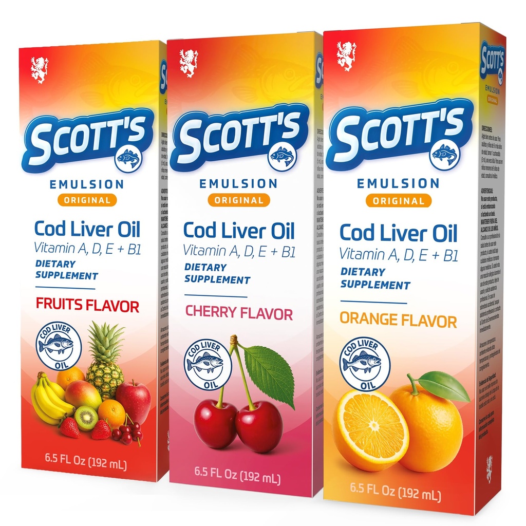 SCOTT'S EMULSION Cod Liver Oil for Kids, Orange, Fruits & Cherry Flavors, Fish Oil for Kids with Omega 3, Vitamins A, D, E & B1, Cod Liver Oil Liquid, 3-Pack, 6.5 Fl Oz Each