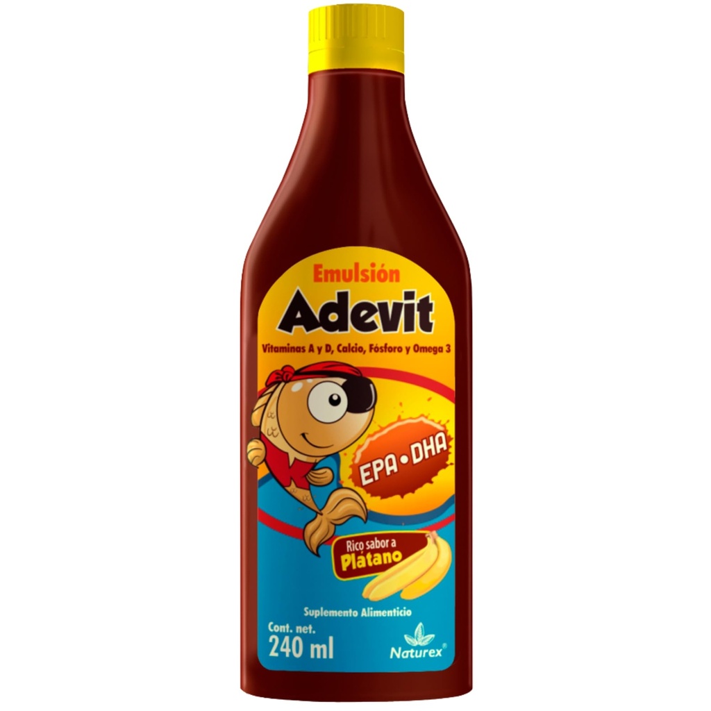 Cod Liver Oil Liquid (ADEVIT Emulsion) 240ml – Banana Flavor – Rich in Vitamins A, D & E – Immune Support & Bone Health Support for Kids & Adults – Smooth Banana Taste