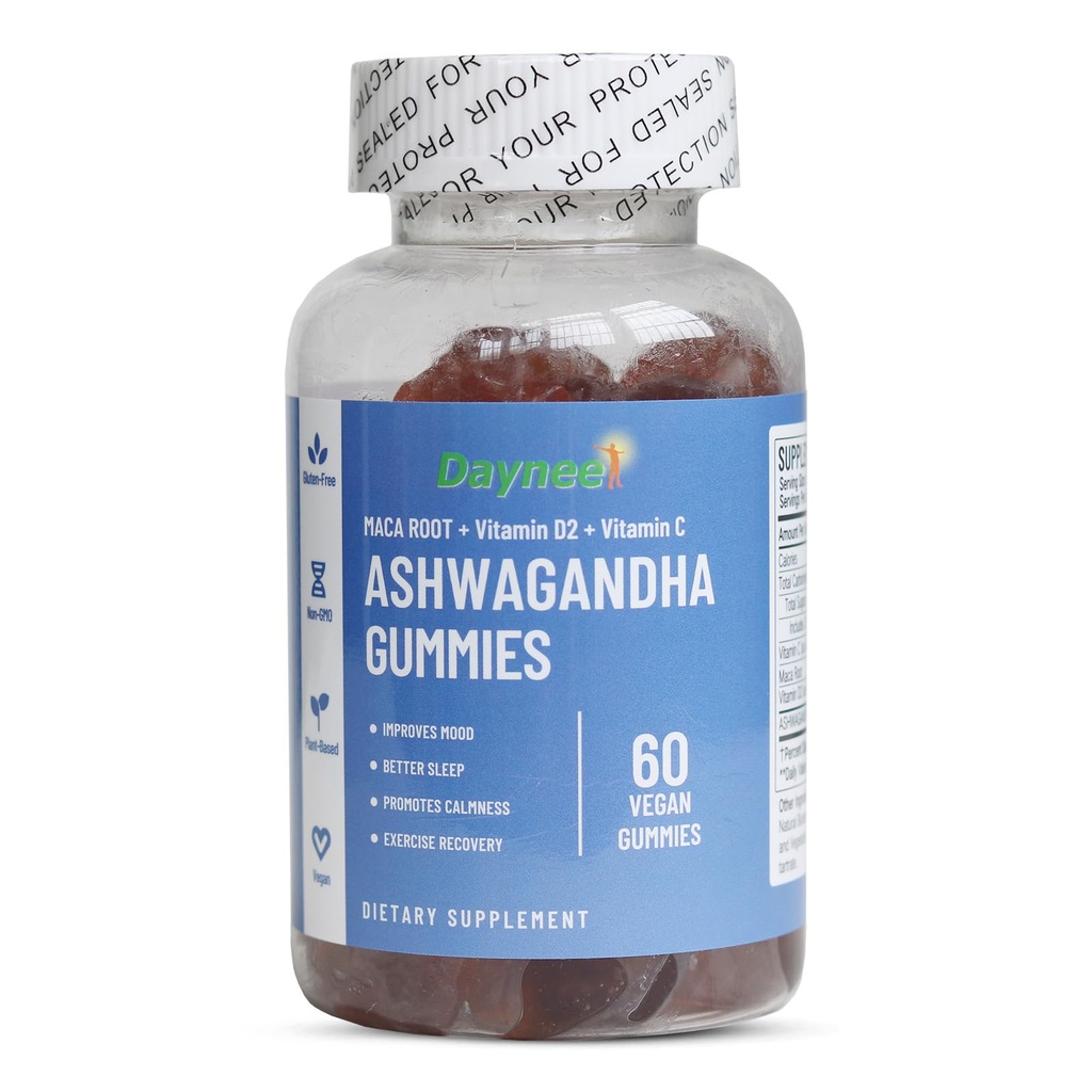 AIHIYO Ashwagandha Gummies for Women and Men, with MACA Root, Vitamin D2 and Vitamin C, Vegan, Plant Based, Non-GMO, Blueberry Flavors, 60 Count