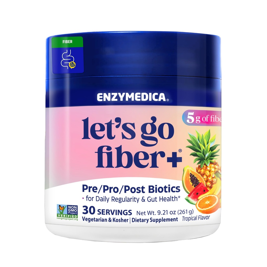 Enzymedica Let's Go Fiber+ Powder Supplement for Women & Men - Daily Digestive & Gut Health Support, Prebiotic, Probiotic, & Postbiotic Blend, Sugar-Free Drink Mix - Tropical Flavor, 9.21 oz