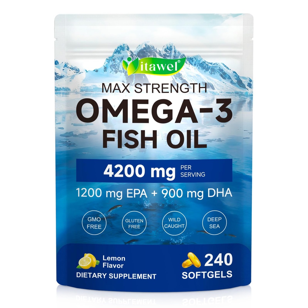 Omega 3 Fish Oil 4200mg - 1200mg EPA 900mg DHA per Serving - 240 Softgels, 80 Day Supply - Max Strength Triple Strength, Wild Caught, Burpless Lemon Flavor, Enteric Coated for Absorption