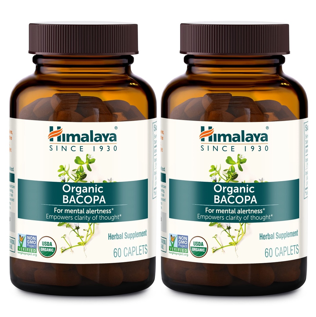 Himalaya Bacopa Monnieri Nootropic Herbal Supplement, Ψυχική Συναγερμός, Υποστηρίζει την ηρεμία, τη μνήμη, τη γνώση, USDA Organic, Non-GMO, 750 mg, 60 Plant-based Caplets, 2 Pack, 120 Day Supply