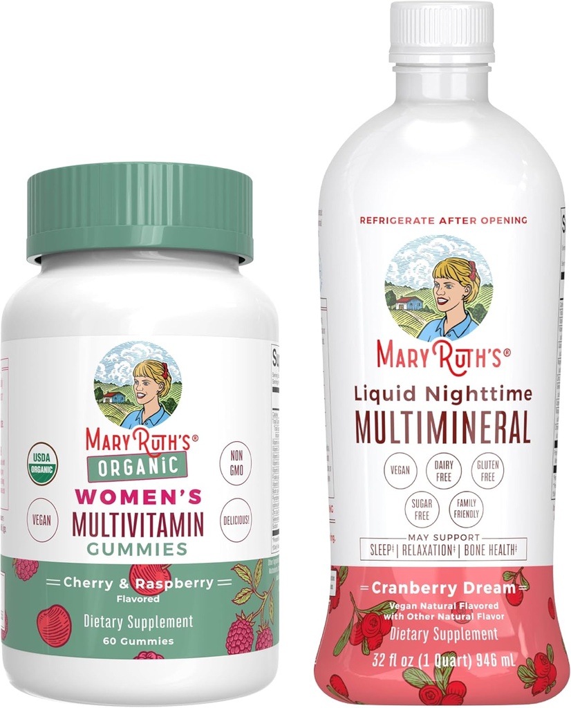 MaryRuth's Multivitamin Gummies for Women (Cherry & Raspberry) & Liquid Nighttime Multimineral (Cranberry) 