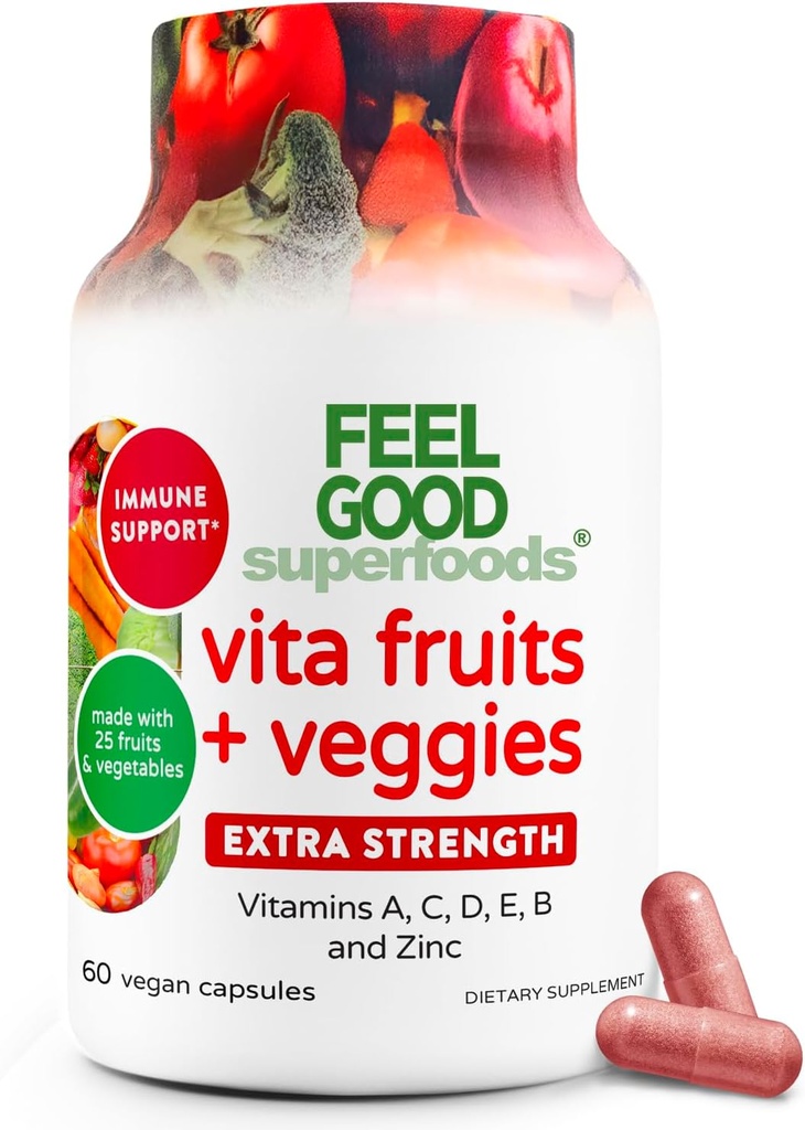 FeelGood Superfoods 1000mg κάψουλες υποστήριξης ανοσοποιητικών Φτιαγμένα με 25 βιολογικά φρούτα και λαχανικά, ισχυρά ενισχυτικά ανοσίας με βιταμίνες Α, C, D3, και ψευδάργυρο, 60 μέτρα