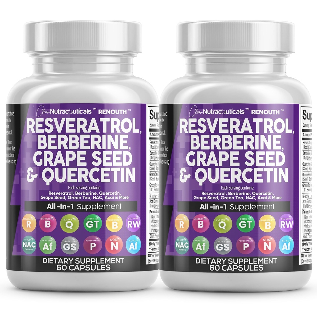 Clean Nutraceuticals Resveratrol Berberine Grape Seed Extract Quercetin Green Tea Extract Polyphenol Supplement for Women & Men N-Acetyl Cysteine, Acai - 2Pack