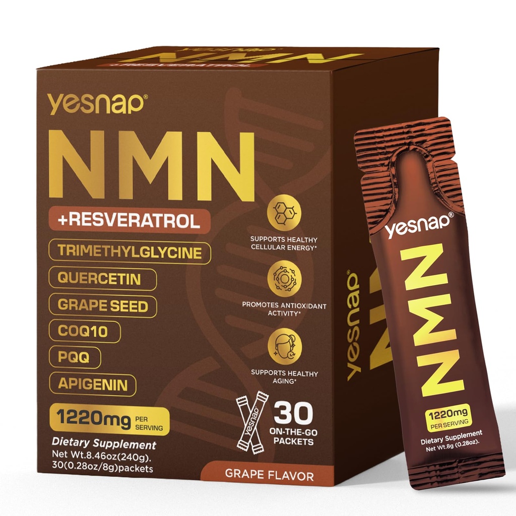 NMN 7-in-1 Liquid Supplement NAD+ Support with Resveratrol, TMG, Quercetin, CoQ10, Grapeseed, PQQ, Apigenin Cellular Energy & NAD Levels, 30 On-The-Go Packets, Grape Flavor