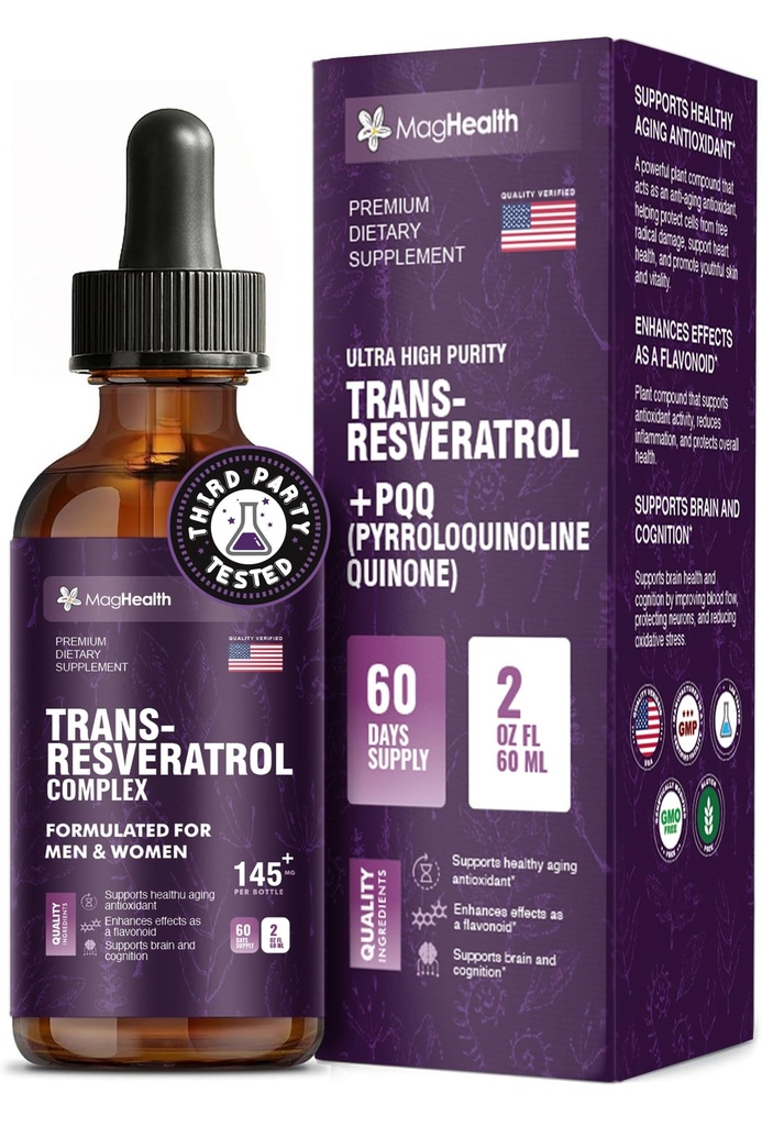 Trans-Resveratrol with PQQ, Quercetin & Black Pepper Tincture | 3rd Party Tested | Cellular Energy & Heart Health Support | Sourced from Japanese Knotweed - 2 oz (60 Servings)