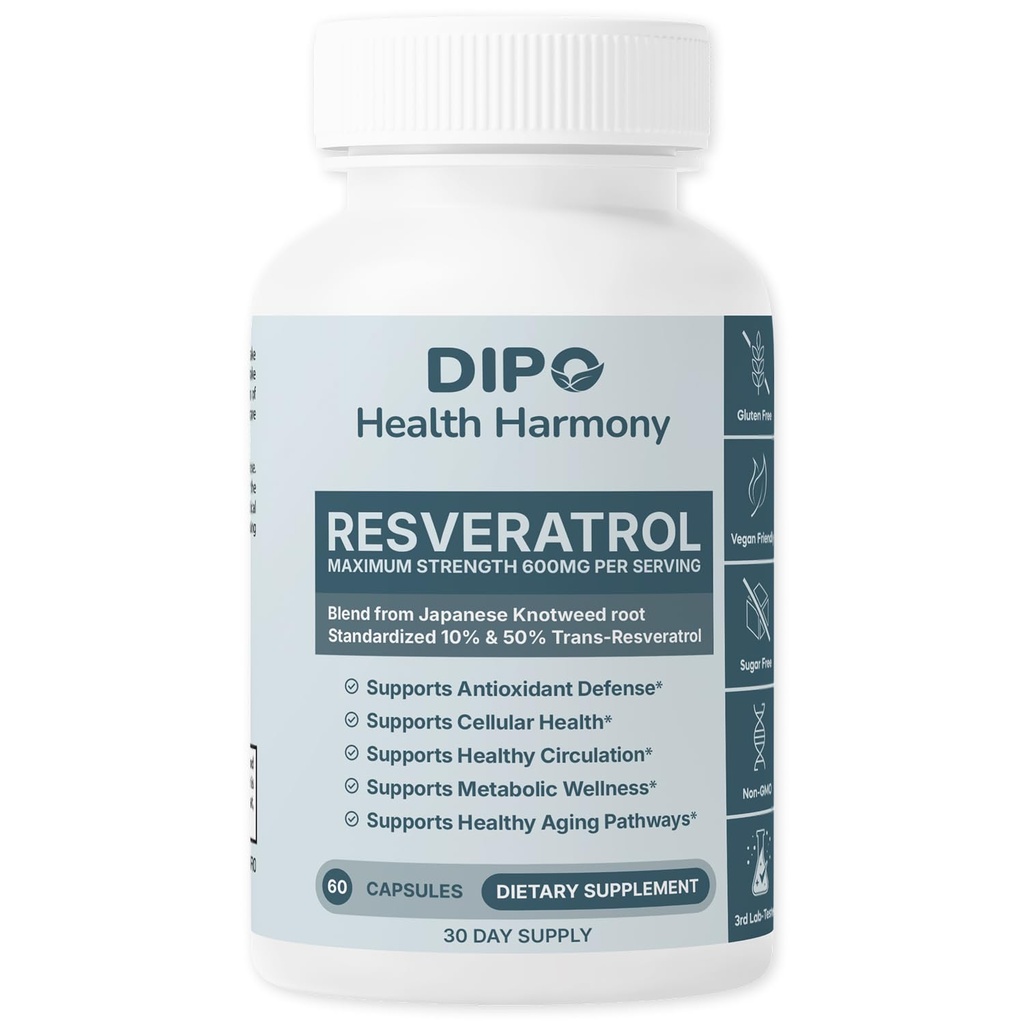 DIPO Resveratrol Complex 600mg - Trans Resveratrol Supplement from Japanese Knotweed Root Extract - Antioxidant for Heart Health & Healthy Aging, Vegan Non-GMO, 60 Capsules