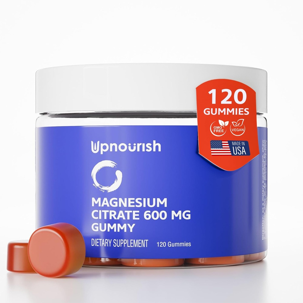 UpNourish Μαγνήσιο Gummies για ενήλικες & παιδιά Μαγνήσιο Citrate Gummies 600mg, συμπλήρωμα ηρεμίας για τη μυϊκή χαλάρωση, τα οστά και Digestive Υγεία, Citrato de Magnesio, Vegan, Non-GMO, 120 Count