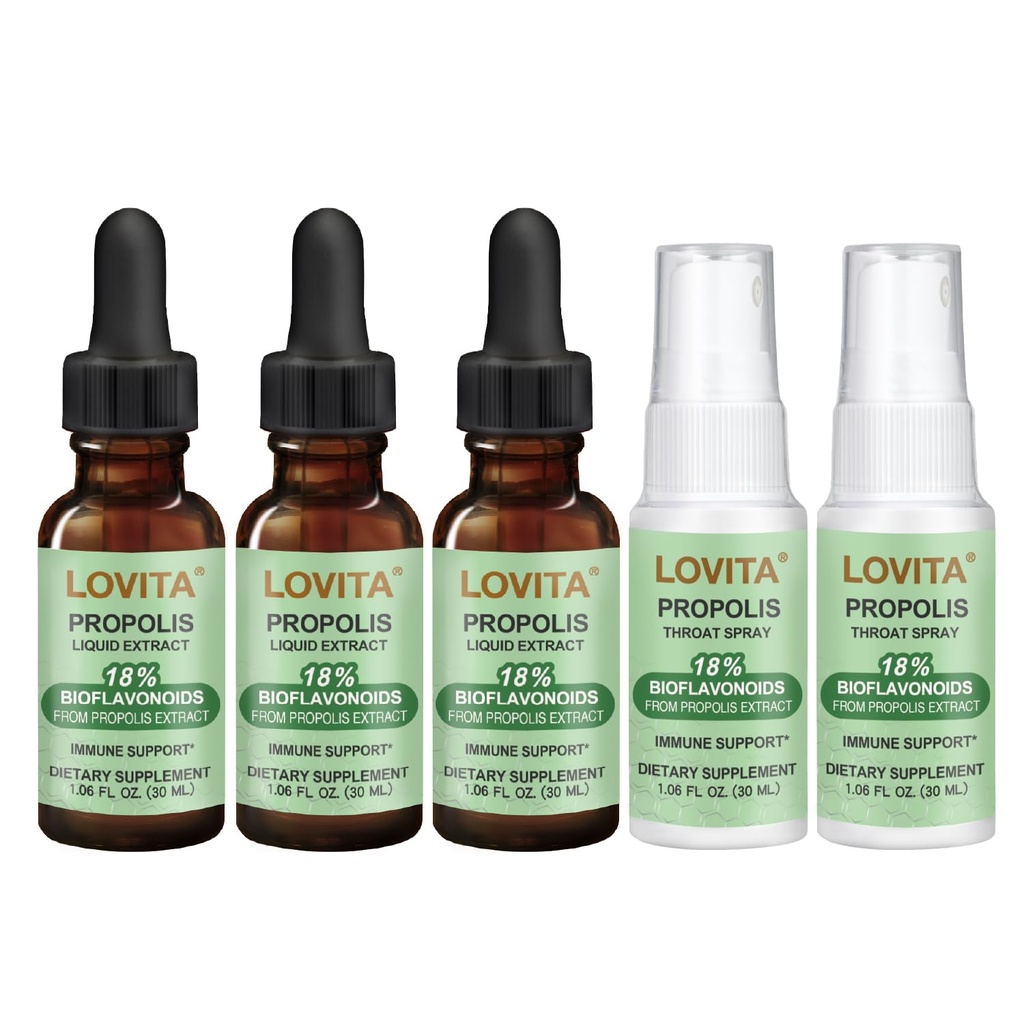 LOVITA Propolis Core Defense Bundle - 3 Liquid Extract Drops & 2 Throat Sprays, 18% Bioflavonoids, High Potency Bee Propolis for Daily Immunity (5 Pc Set)