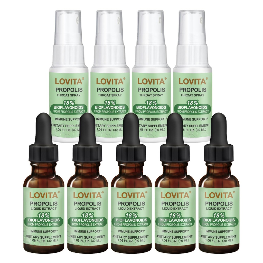 LOVITA 9-Pack Propolis Immune Bundle - 5 Liquid Extract Drops & 4 Throat Sprays, Alcohol-Free Antioxidant, Maximum Strength Bee Propolis (9 Pc Set)