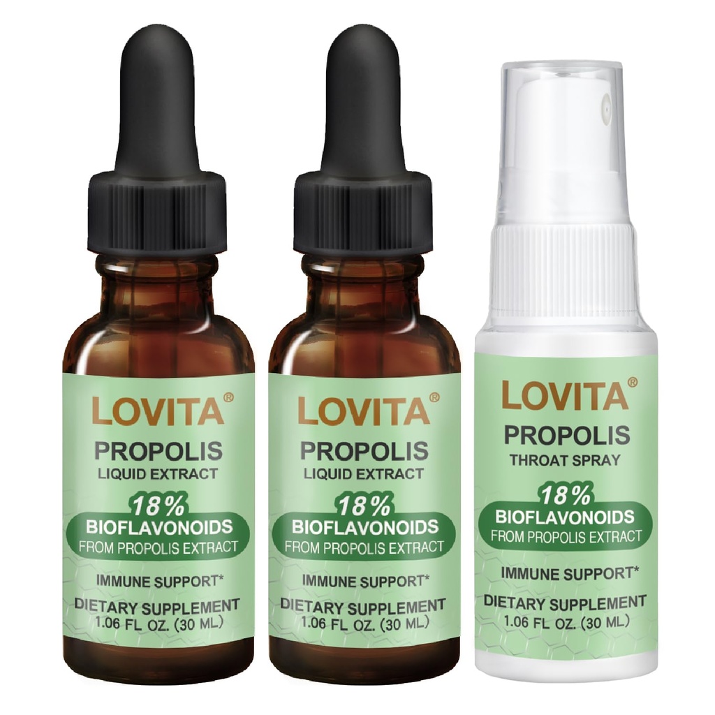 LOVITA Propolis Wellness Bundle - 2 Liquid Extract Drops (500mg) & 1 Throat Spray, 18% Bioflavonoids, Alcohol-Free Immune Support & Throat Care (3 Pc Set)