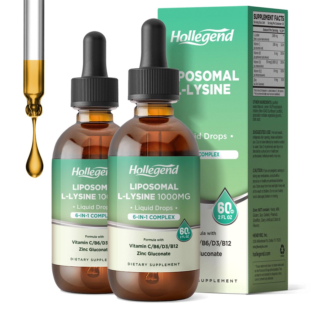 Liposomal L-lysine 1000MG Liquid Drops, Lysine Supplement for Women & Kids with Vitamin C, B6, D3, B12 & Zinc Gluconate, Skin & Lip Health, Immune & Collagen Production Support, Lemon Flavor, 4 fl oz