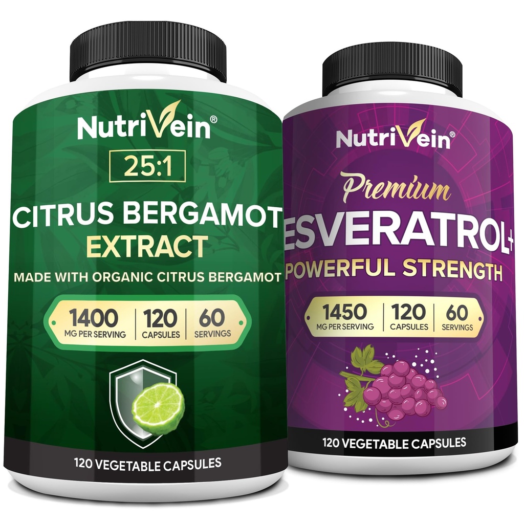 Nutrivein Premium Citrus Bergamot & Resveratrol Supplement Bundle: Resveratrol & 25:1 Citrus Bergamot Supplement for Vitality, Repair, & Circulatory Wellness