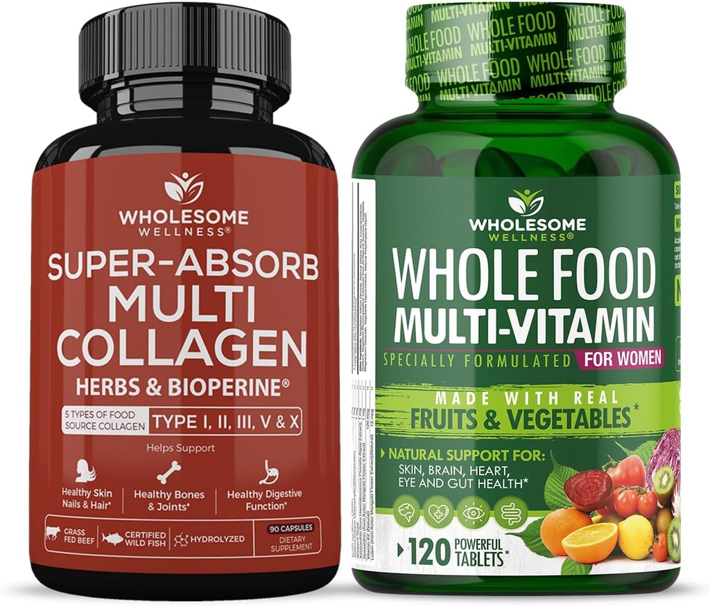 Υγιής ευεξία Super-Absorb Multi Collagen Χάπια (Type I II III V X) Βιολογικά Βότανα και Βιοπερίνη + Ολόκληρη διατροφή Πολυβιταμίνη για τις γυναίκες - Φυσικές Πολυ Βιταμίνες, Ορυκτά, Βιολογικά Εκχυλίσματα Bundle