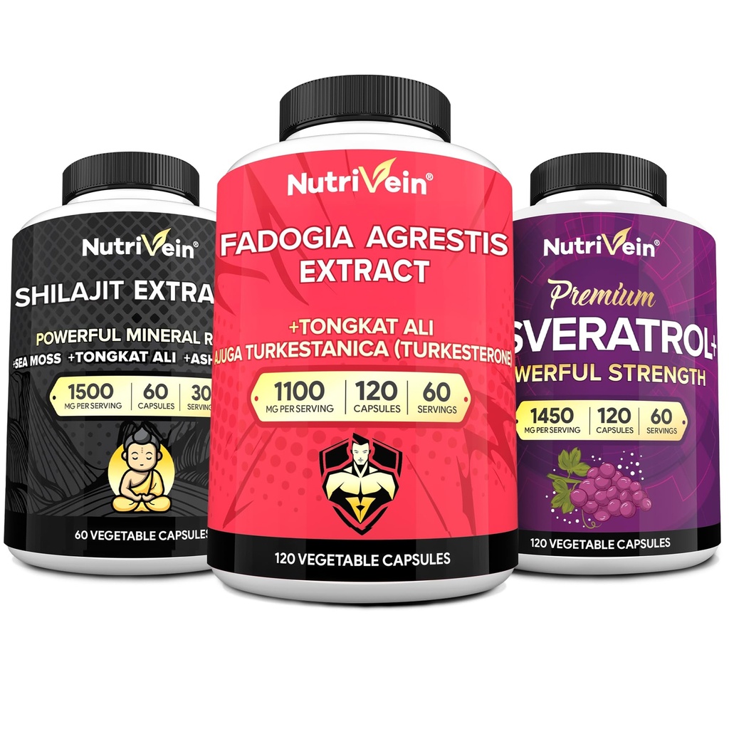 Nutrivein Premium Shilajit Capsules, Fadogia Agrestis, & Resveratrol Supplement Bundle: High-Absorption Resveratrol Capsules, Fadogia Agrestis, and Shilajit for Women and Men Power Bundle