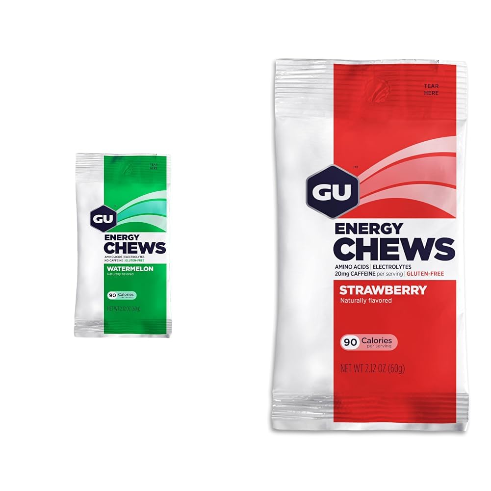 GU Energy Chews Watermelon & Strawberry Flavor Bags with Electrolytes, Vegan, Gluten-Free, Kosher, Caffeine-Free/20mg Caffeine, 12 Bags (24 Servings Total) Bundle