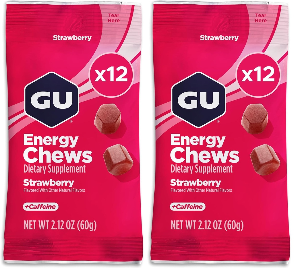GU Energy Chews, Strawberry Energy Gummies with Electrolytes, Vegan, Gluten-Free, Kosher, 20 mg of Caffeine, and Dairy-Free On-The-Go Energy for Any Workout, 12 Bags (24 Servings Total) (Pack of 2)