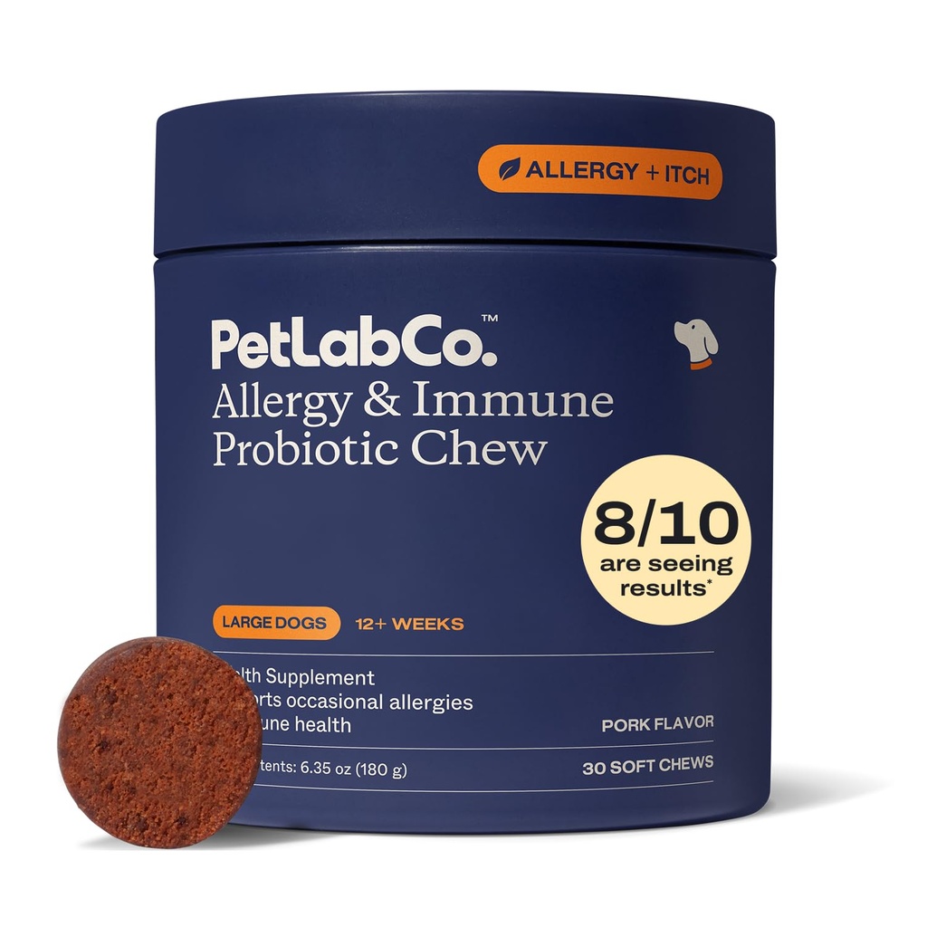 PetLab Co. Αλλεργία & ανοσοποιητικά καθημερινά προβιοτικά για σκύλους. Υποστηρίζει την παραγωγή ζύμης, εποχικές αλλεργίες, διαλείπουσα φαγούρα, κόκκαλο & Digestive υγεία για μεγάλα σκυλιά - 30 μάσημα - Συσκευασία μπορεί να Vary