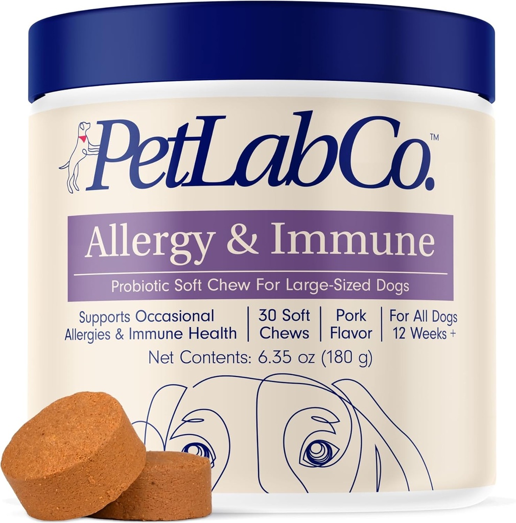 PetLab Co. Αλλεργία & ανοσοποιητικά καθημερινά προβιοτικά για σκύλους. Υποστηρίζει την παραγωγή ζύμης, εποχικές αλλεργίες, διαλείπουσα φαγούρα, κόκκαλο & Digestive υγεία για μεγάλα σκυλιά - 30 μάσημα - Συσκευασία μπορεί να Vary