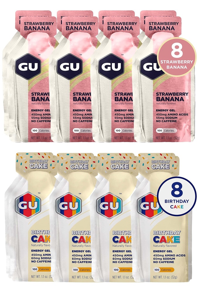 GU Energy Original Sports Nutrition Variety Pack: 8 Strawberry Banana + 8 Birthday Cake (16 Packets Total)