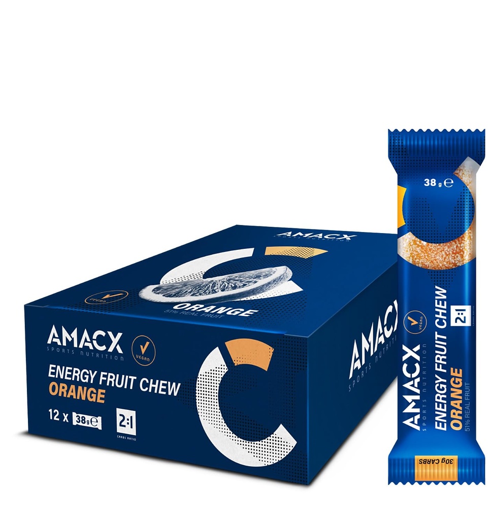 AMACX Fruit Chew Energy Bar – High Carb Running Fuel – 12 x 38g – Electrolyte Chews for Endurance Sports with 51% Fruit – Vegan, Gluten & Lactose-Free – Sports Nutrition Running Chews (12 Pack, Orange)