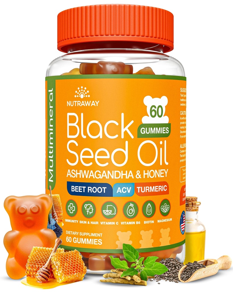 Black Seed Oil Gummies – Black Cumin Seed Oil, Ashwagandha, ACV, Biotin, Turmeric, Beet Root, Pomegranate, Vitamins C & B6 – Clean-Label Multivitamin Gummies for Adults & Kids