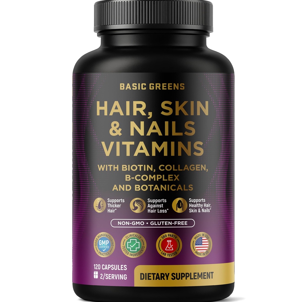 Hair, Skin & Nails Vitamins with 10000 mcg Biotin, Collagen & B-Complex – Supports Healthy Hair, Glowing Skin & Strong Nails – Non-GMO, Gluten-Free – 120 Capsules