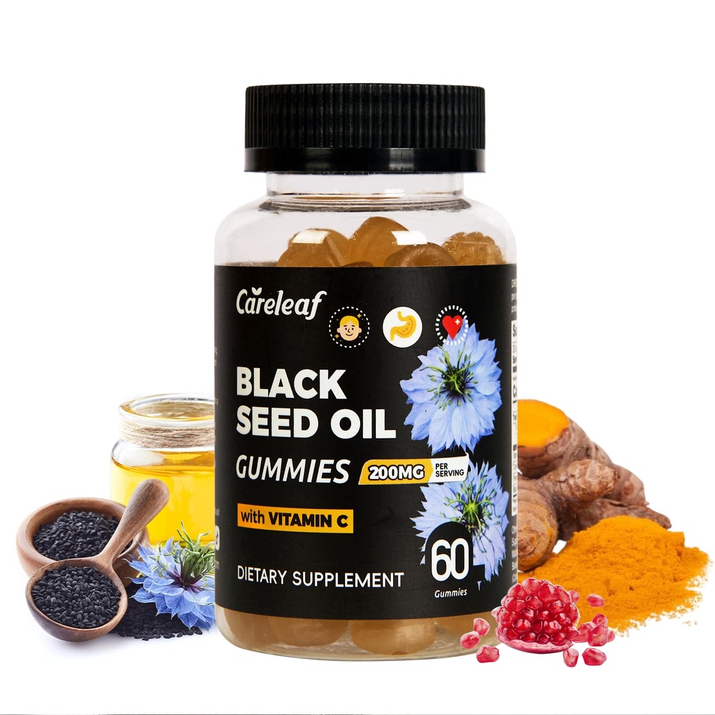 Black Seed Oil Gummies with Turmeric & Pomegranate | 200mg Antioxidant Supplement for Immune Support, Skin & Heart Health | Vitamin C Enriched for Hair & Nails | Natural Vegan Gummy