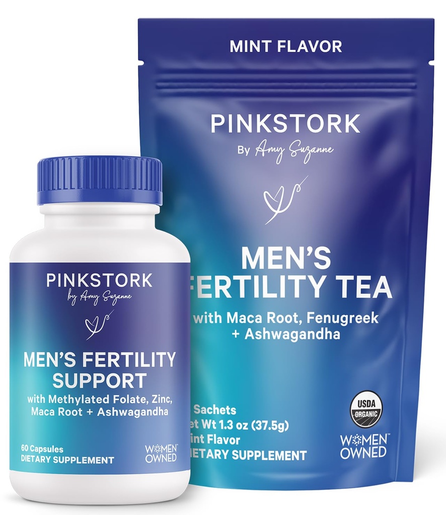 Blue Stork Men's Fertility Bundle – Fertility Support Supplement + Organic Tea – Vitamins, Minerals, and Herbs to Support Sperm Health and Reproductive Wellness – 30 Capsules + 15 Sachets