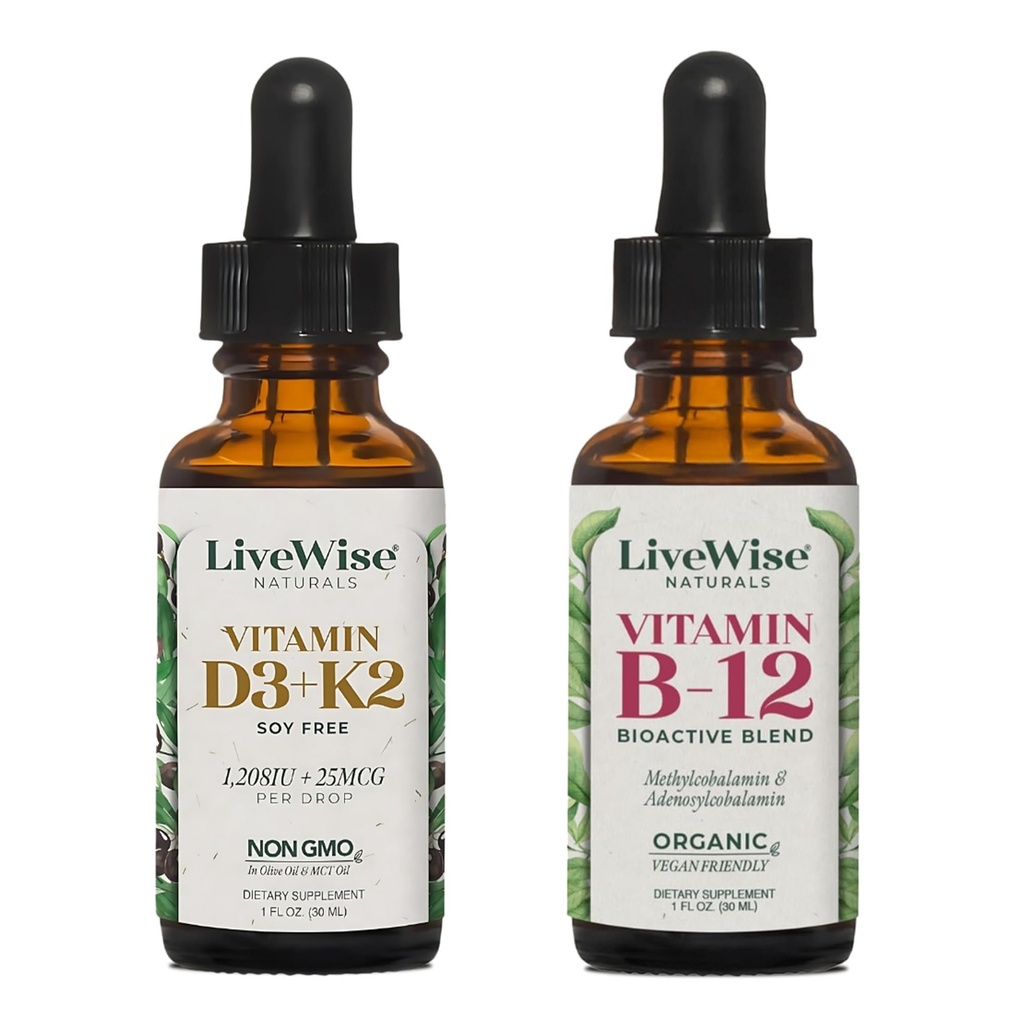 LiveWise Naturals Premium Wellness Duo – Vitamin D3+K2 & B12 Liquid Drops, All Natural, Non-GMO, Vegan, Supports Bone Health, Energy, Clarity & Heart Health, Infused with Olive and MCT Oil