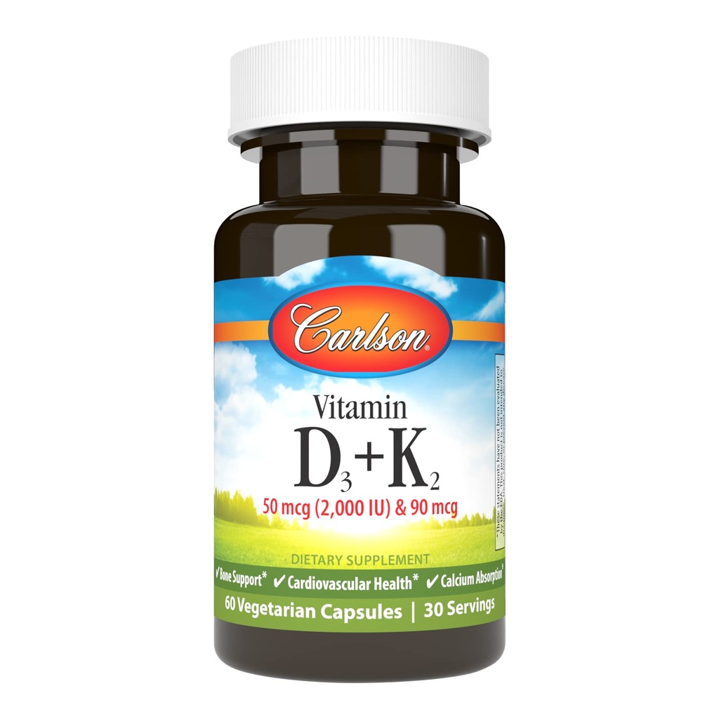 Carlson - Vitamin D3 + K2, 50 mcg (2000 IU) Vitamin D3 & 90 mcg Vitamin K2 as MK7, Bone Support, Calcium Absorption, 60 Capsules