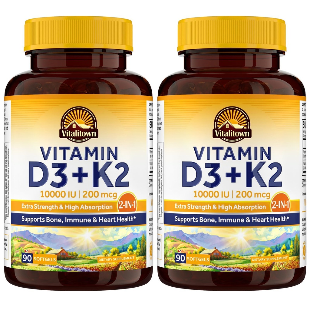 Vitalitown Vitamin D3 K2 Supplement, Vitamin D3 10000 IU Vitamin K2 (MK7) 200 mcg, 90 Softgels (Pack of 2), Non-GMO, No Gluten & Soy, for Bone, Teeth, Immune & Heart Health
