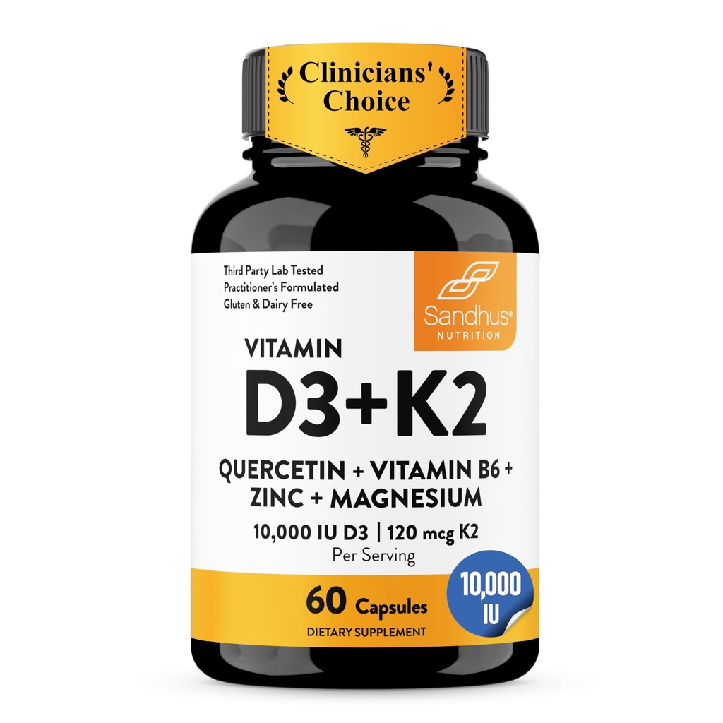 Sandhu's Vitamin D3 K2 Magnesium 10000 IU, 120mcg K2 Capsules 60 Count (Pack of 1) | with VIT B6, Zinc & Quercetin | D3K2 Supports Superior Absorption, Energy, Immune, Muscle Health for Men & Women